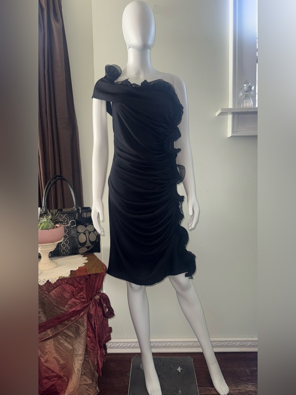 Catherine Malandrino Black One-Shoulder Ruffle Silk Dress